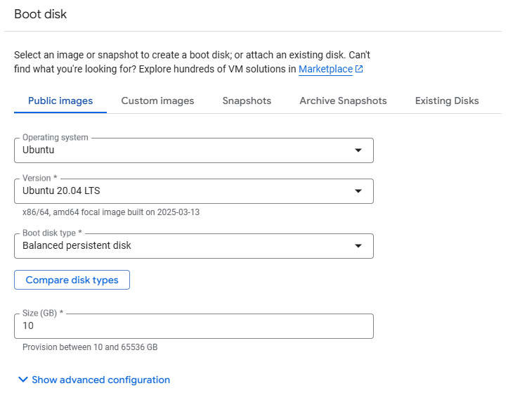 Boot Disk Config in GCP